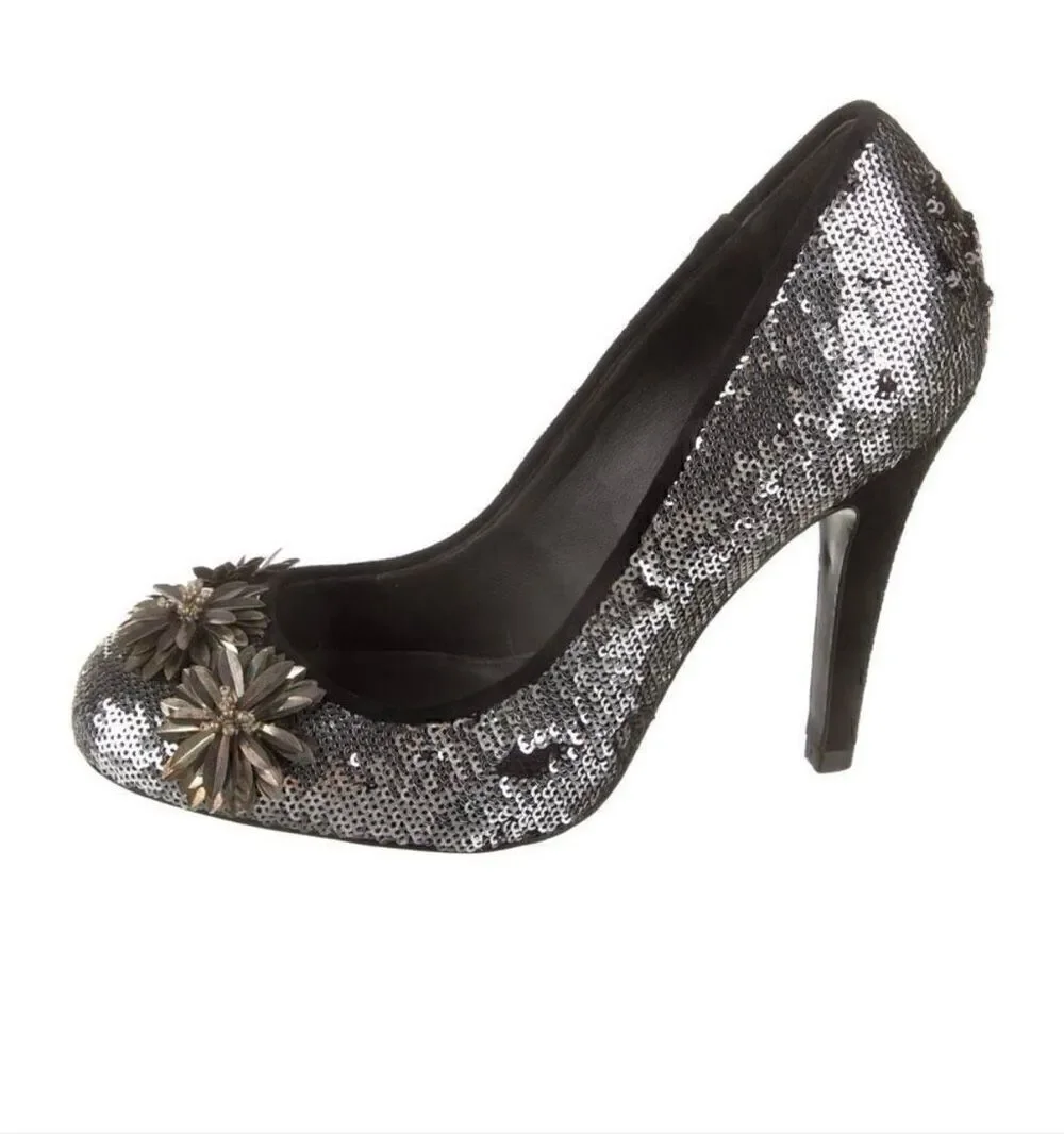 Tory Burch Sequin Embellished Pump Heels Silver Gold Metallic Evening Glam 7.5